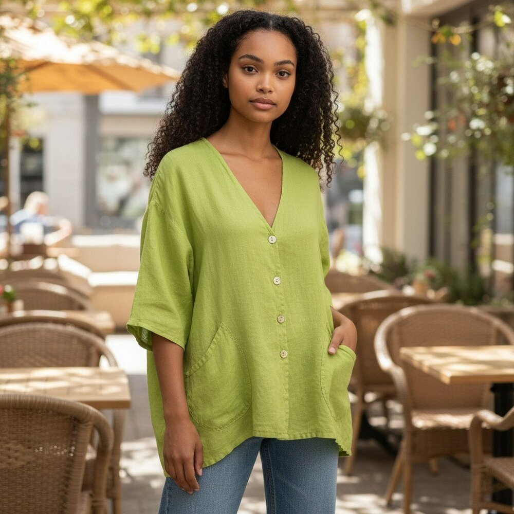 Match Point Small Lime Green Linen Short Sleeve Button Up V Neck Top Oversized S